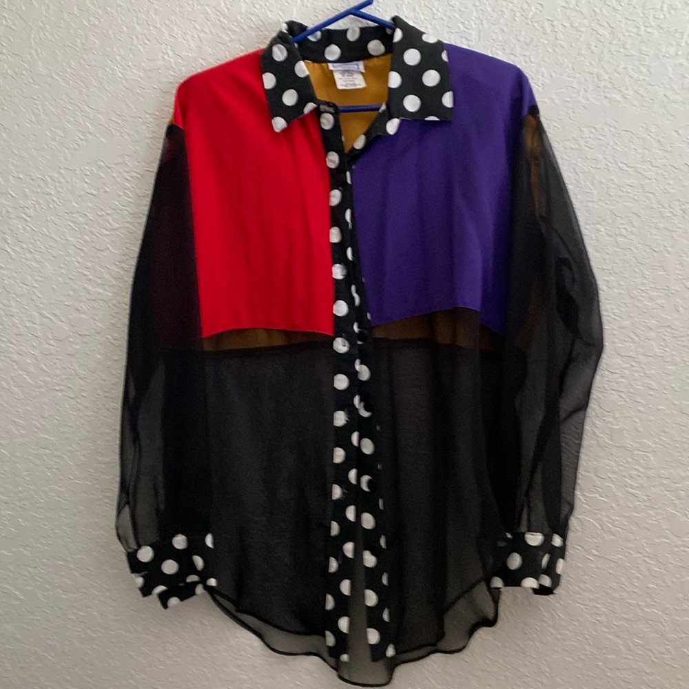 Woman’s blouse, size Medium, black,gold,purple,red, white polka dots